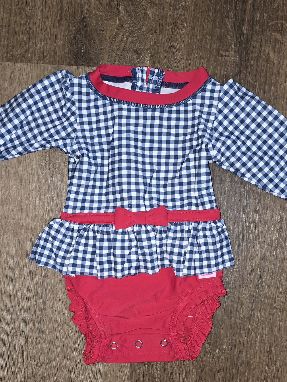 Ruffle Butts Navy Gingham One-Piece with Red Trim